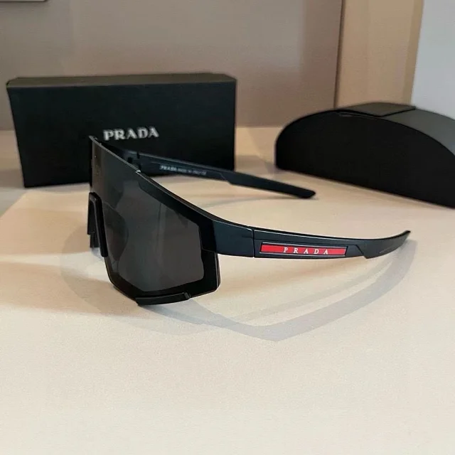 Prada Eyewear Shield sport sunglasses with red temple stripe product detail image 2