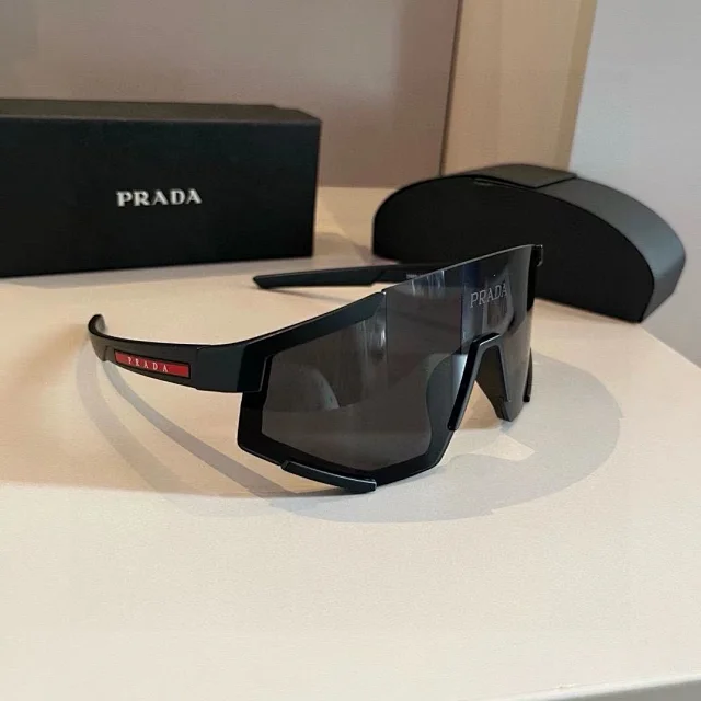 Prada Eyewear Shield sport sunglasses with red temple stripe product detail image 7