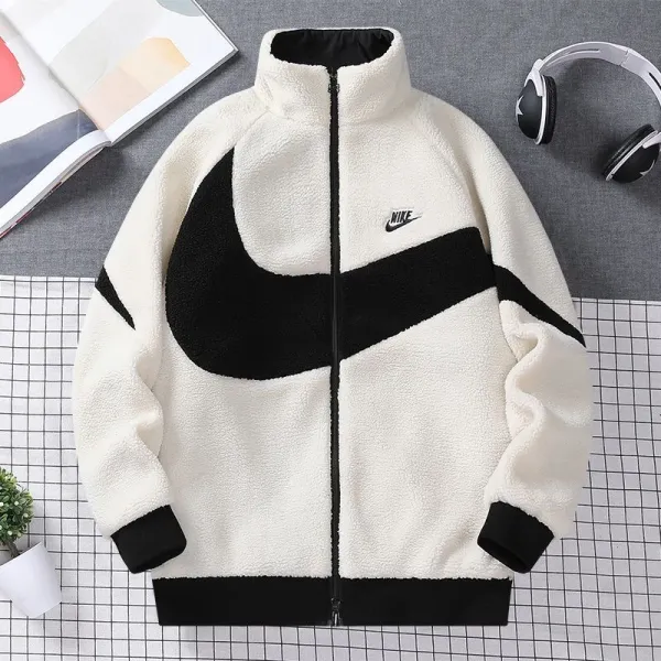 Nike Fleece Jacket White/Black Swoosh Graphic Outerwear - 3