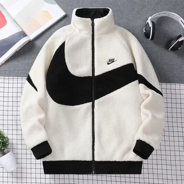 Nike Fleece Jacket White/Black Swoosh Graphic Outerwear - 1