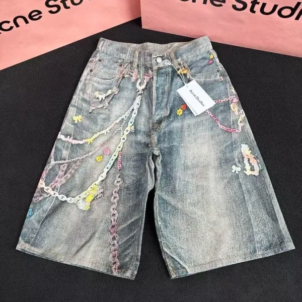 Acne Studios x Custom Chain-Embellished Washed Denim Shorts - 4
