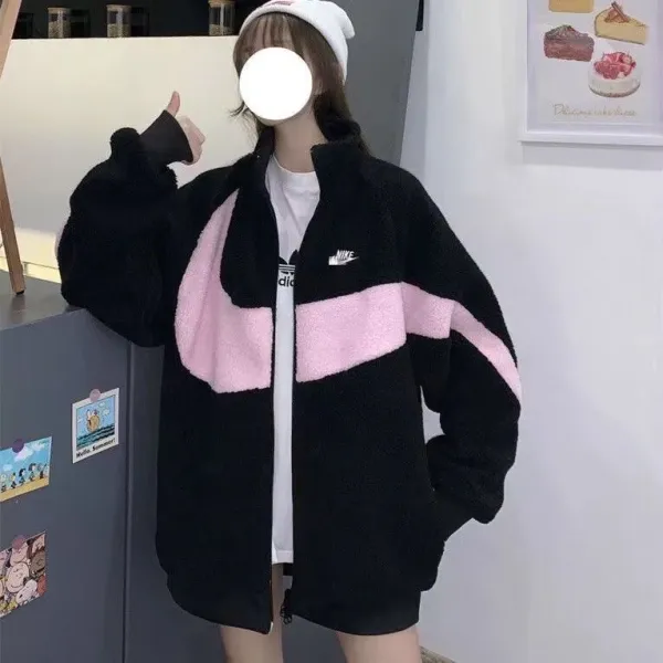 Nike Fleece Sherpa Jacket Black Pink Color-Block Outerwear - 1