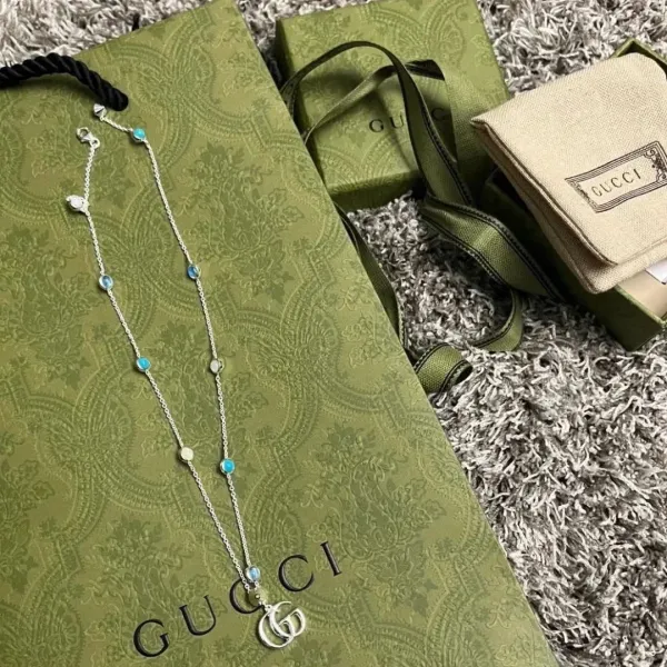 Gucci Double G Interlocking Pendant Necklace with Pink Moonstone Beads Silver - 7