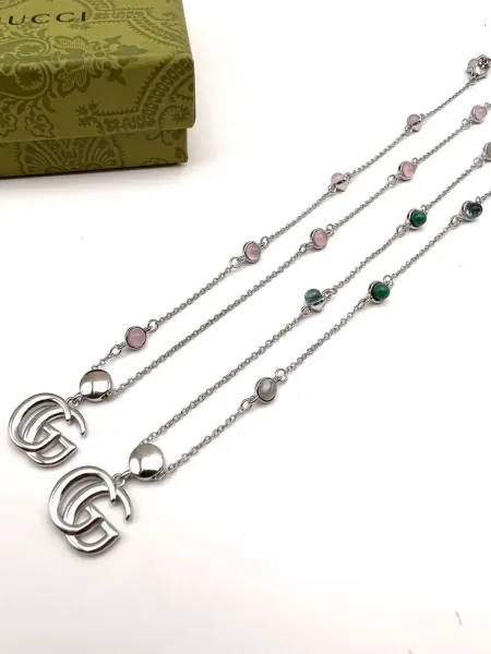 Gucci Double G Interlocking Pendant Necklace with Pink Moonstone Beads Silver - 6