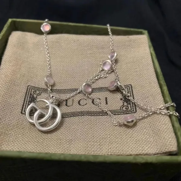 Gucci Double G Interlocking Pendant Necklace with Pink Moonstone Beads Silver - 4