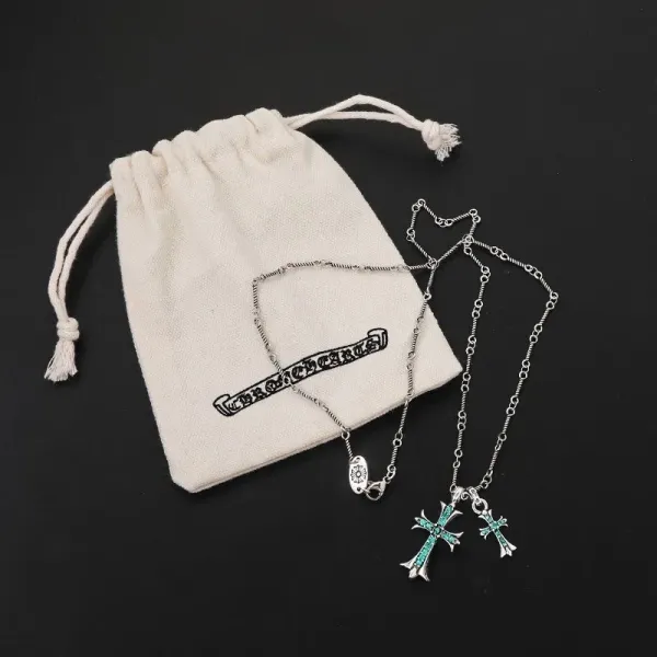 Chrome Hearts Cross Pendant Necklace Set Silver with Turquoise Inlay Necklaces - 1