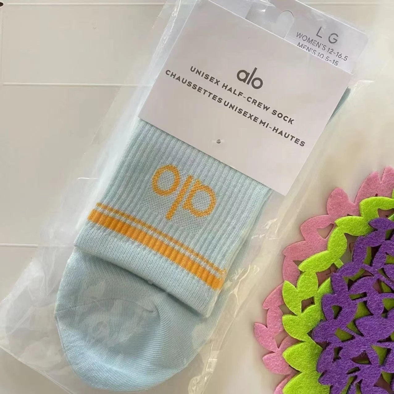 Alo Unisex Half-Crew Sock Mint with Orange Logo - 1