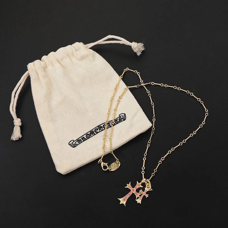Chrome Hearts Cross Pendant Necklace Set Silver with Pink Crystal - 4