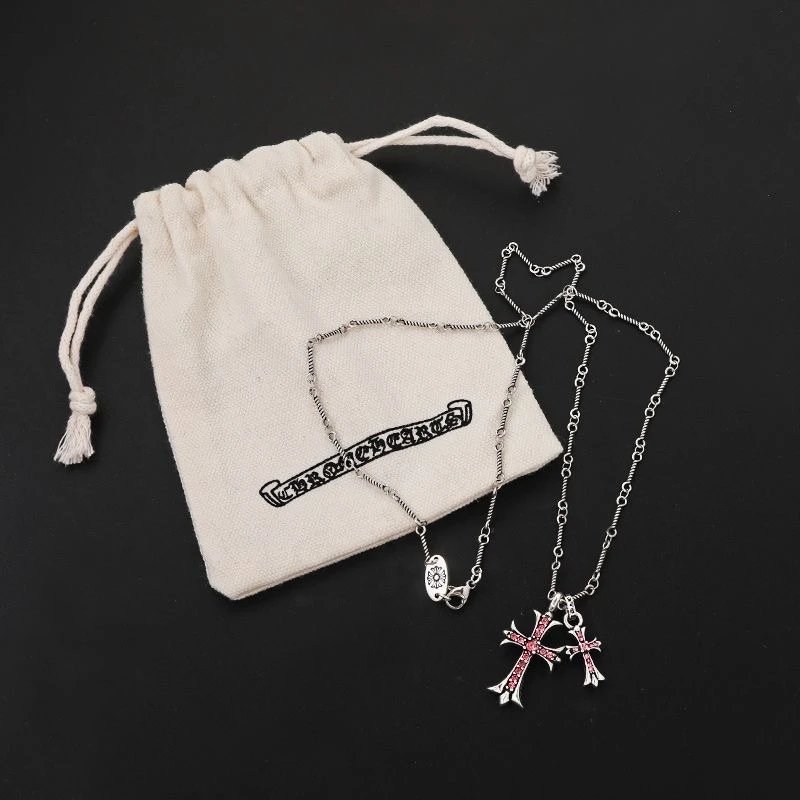 Chrome Hearts Cross Pendant Necklace Set Silver with Pink Crystal - 1