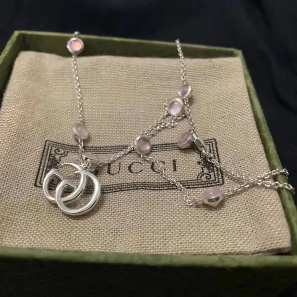 Gucci Double G Interlocking Pendant Necklace with Pink Moonstone Beads Silver - 1