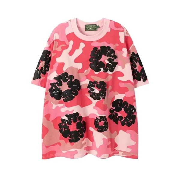 Design Pink Camo Print T-Shirt with Black Floral Motifs - 1