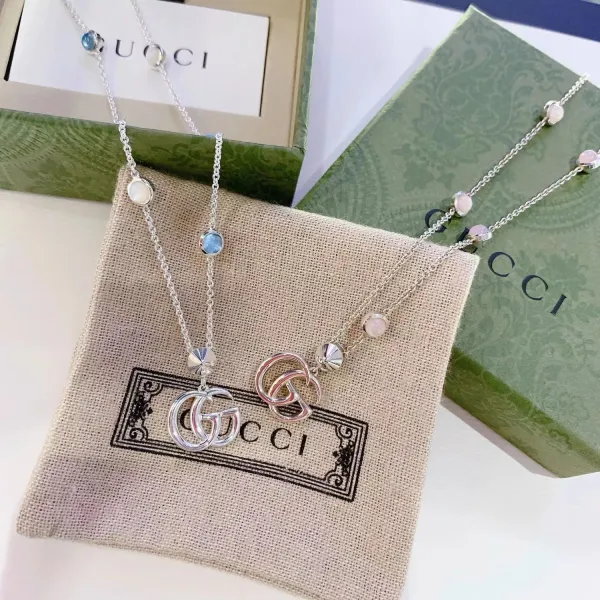 Gucci Double G Interlocking Pendant Necklace with Pink Moonstone Beads Silver - 5
