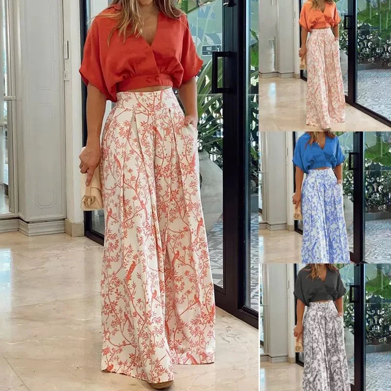 Women V‑Neck Printed Shirt Wide‑Leg Pants 2‑Piece Set Autumn Amazon Cross‑border