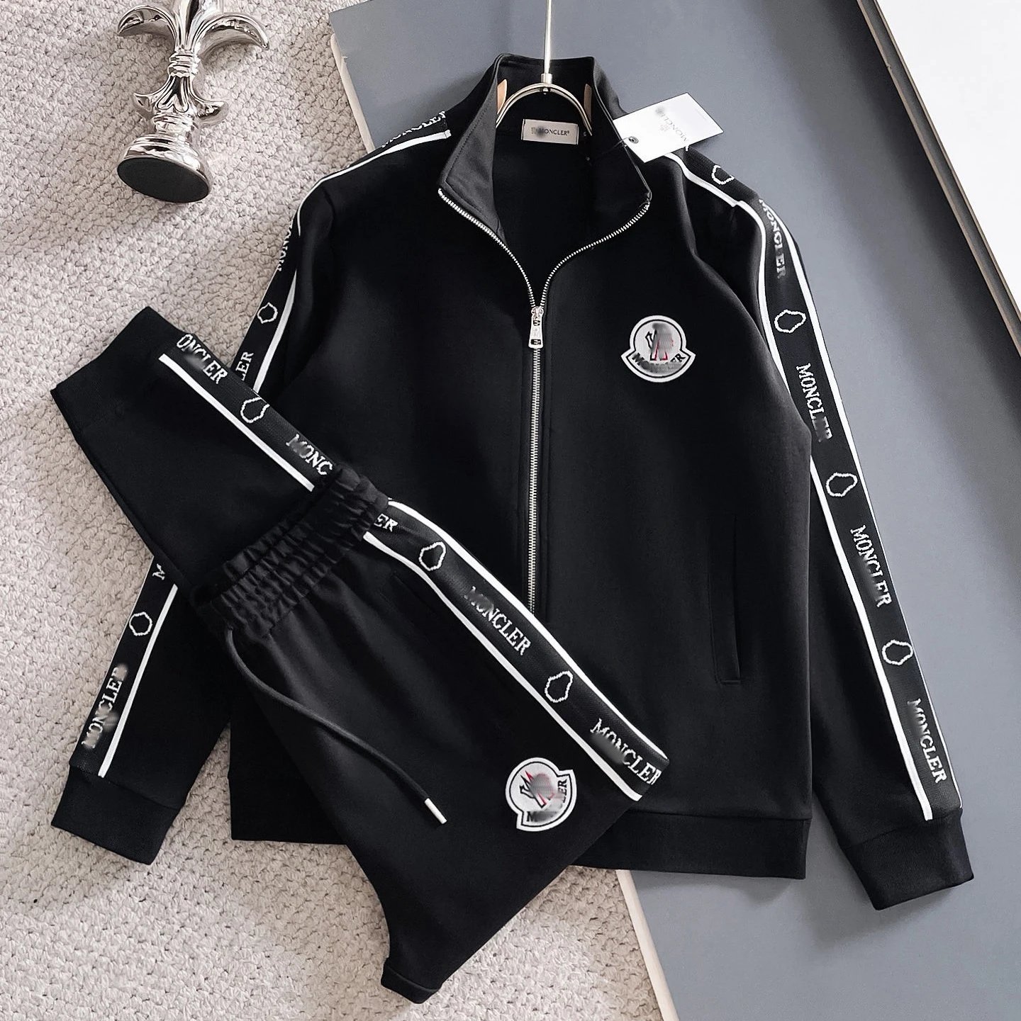 Lacoste Tracksuits Zip-Up Geometric Pattern Track Suit with Striped Sleeves — Moncler 1