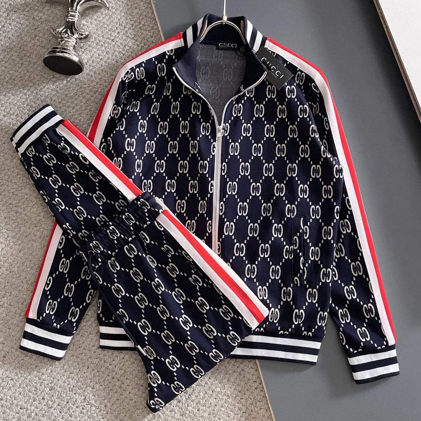 Lacoste Tracksuits Zip-Up Geometric Pattern Track Suit with Striped Sleeves — Gucci 3