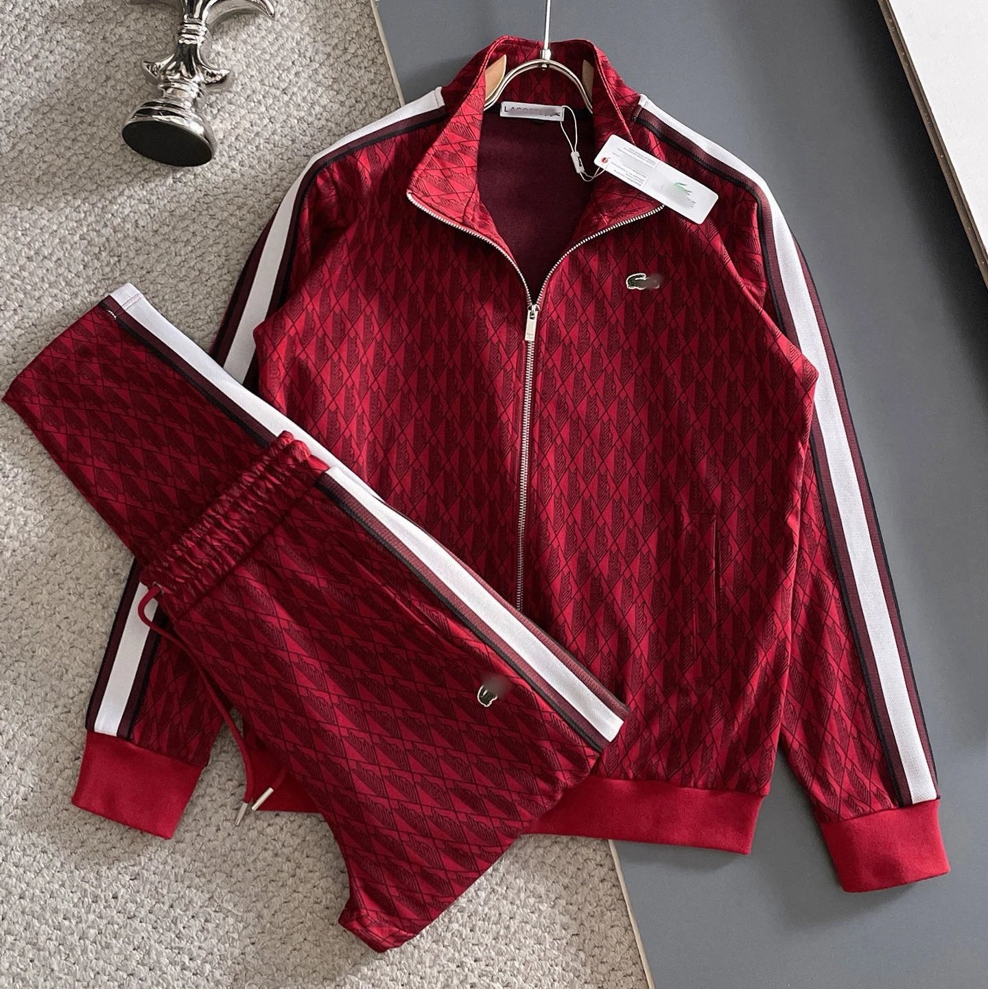 Lacoste Tracksuits Zip-Up Geometric Pattern Track Suit with Striped Sleeves — Red