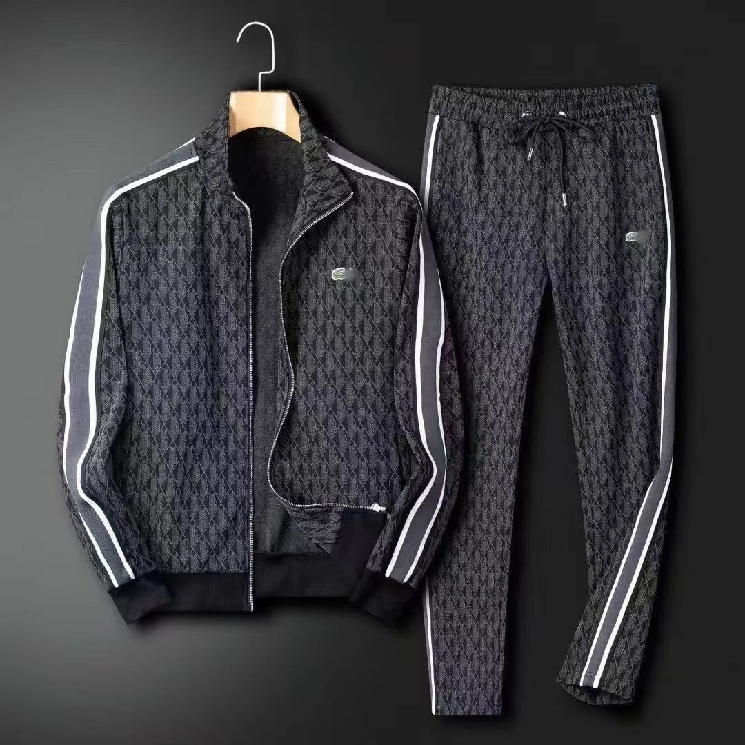Lacoste Tracksuits Zip-Up Geometric Pattern Track Suit with Striped Sleeves — Black and gray