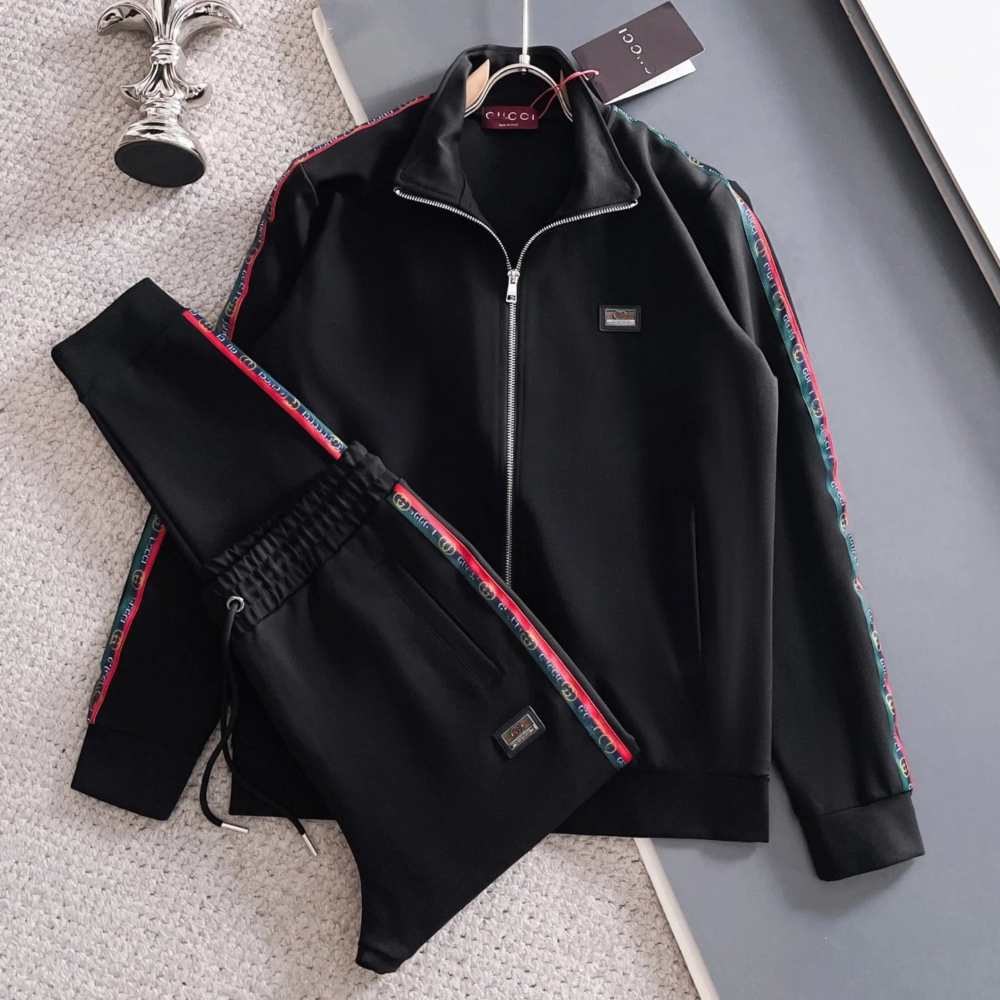 Lacoste Tracksuits Zip-Up Geometric Pattern Track Suit with Striped Sleeves — Gucci 4