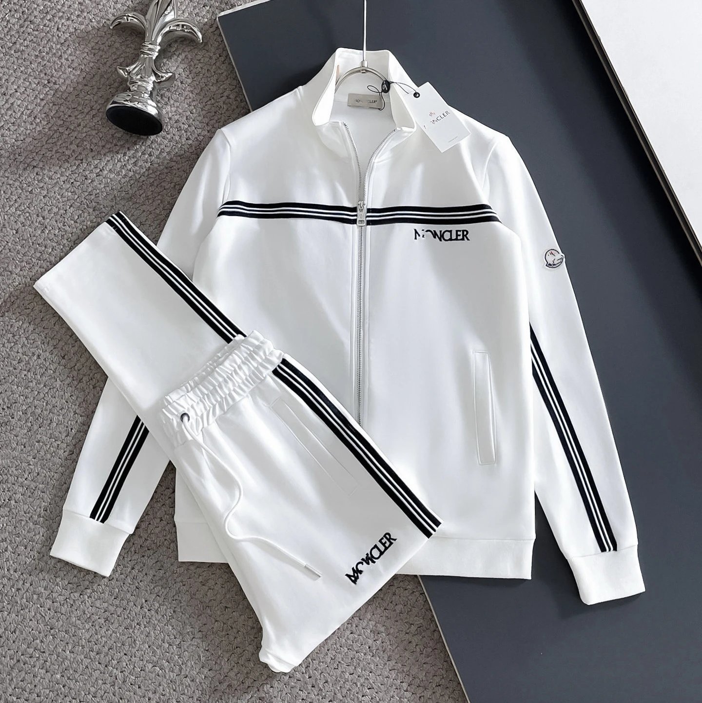 Lacoste Tracksuits Zip-Up Geometric Pattern Track Suit with Striped Sleeves — Moncler 2