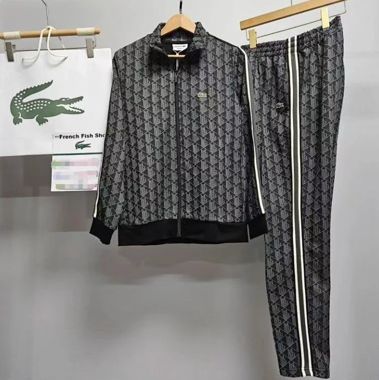 Lacoste Tracksuits Zip-Up Geometric Pattern Track Suit with Striped Sleeves — Dark gray