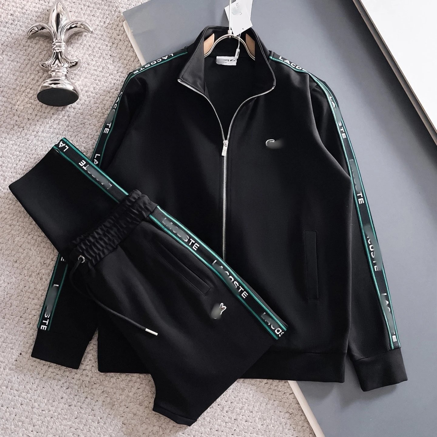 Lacoste Tracksuits Zip-Up Geometric Pattern Track Suit with Striped Sleeves — Side webbing