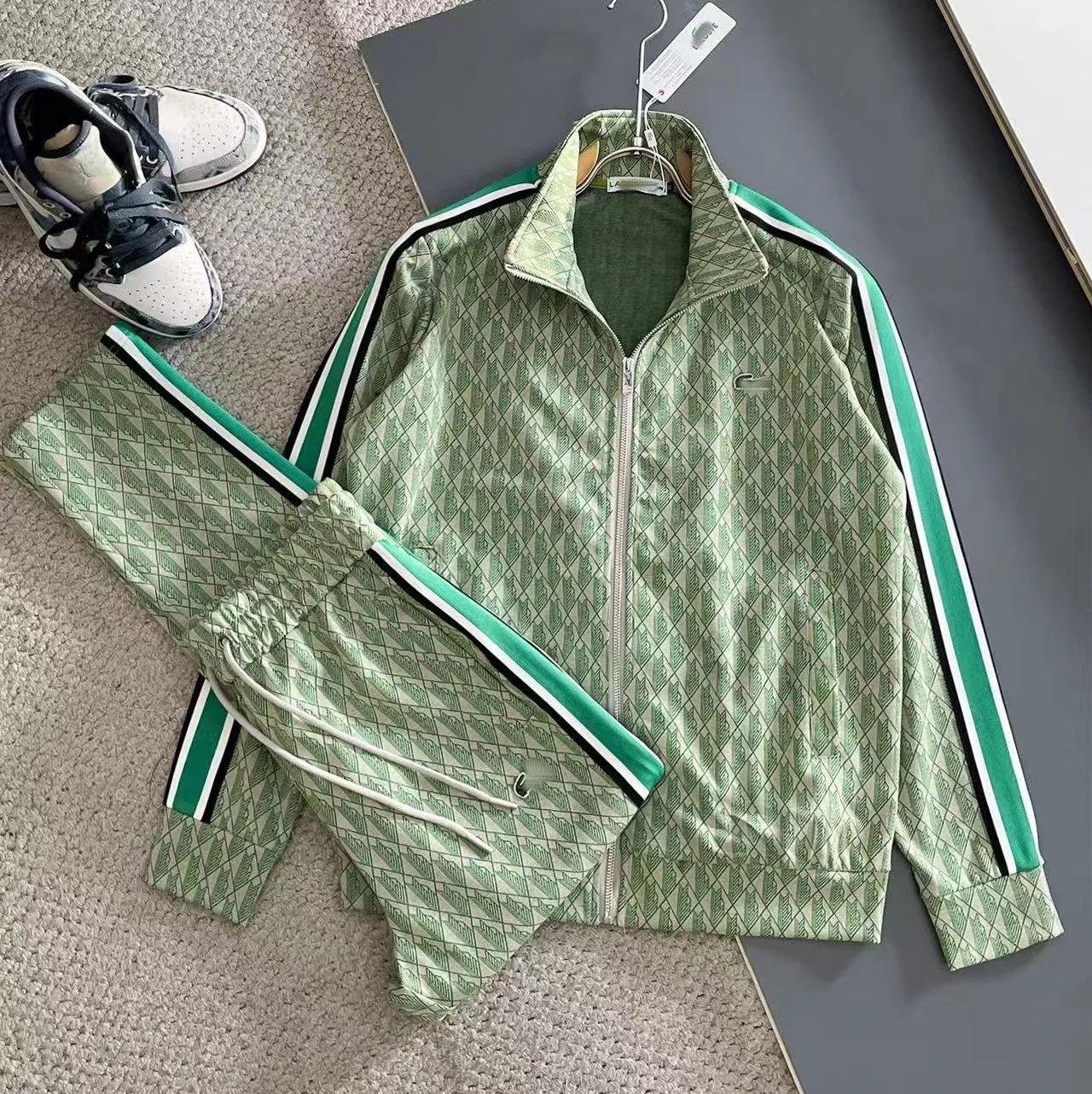 Lacoste Tracksuits Zip-Up Geometric Pattern Track Suit with Striped Sleeves — Light green