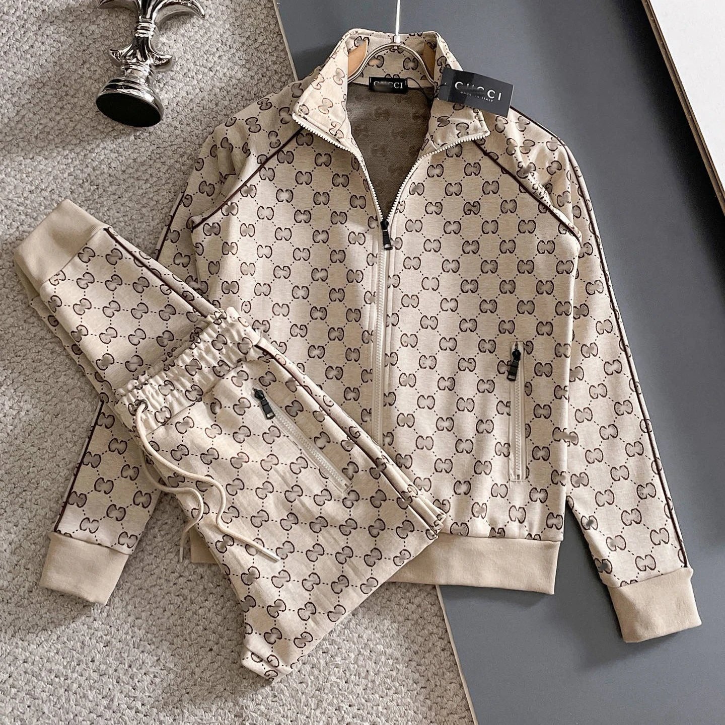Lacoste Tracksuits Zip-Up Geometric Pattern Track Suit with Striped Sleeves — GUCCI 2
