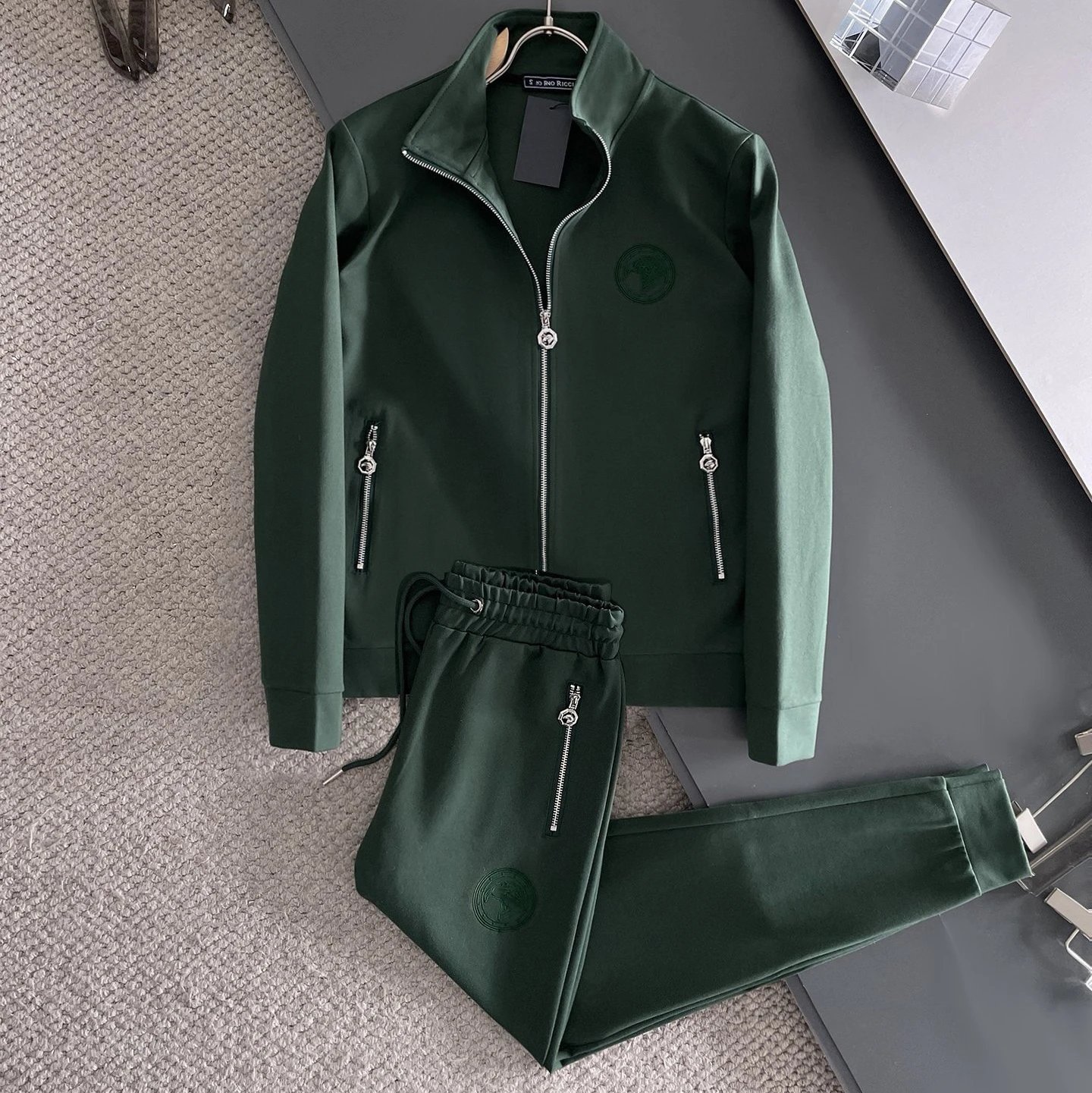 Lacoste Tracksuits Zip-Up Geometric Pattern Track Suit with Striped Sleeves — Moncler 3