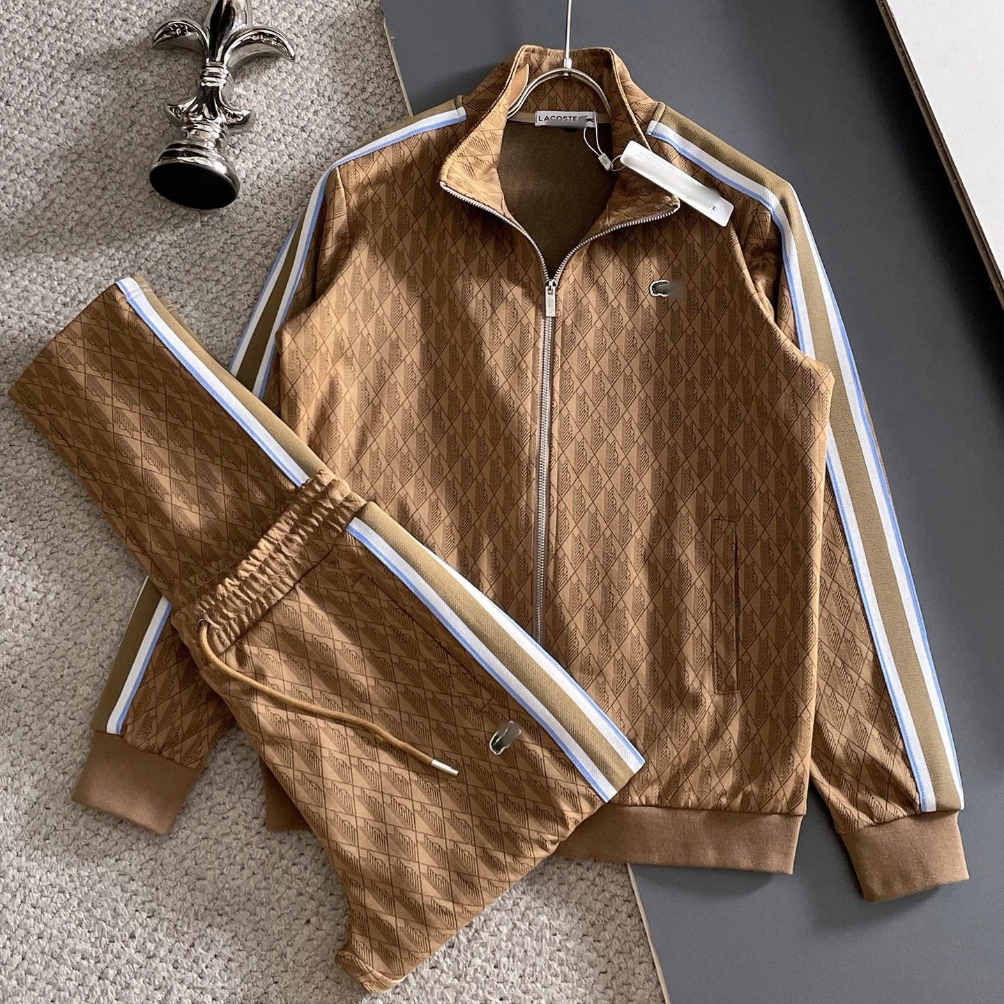 Lacoste Tracksuits Zip-Up Geometric Pattern Track Suit with Striped Sleeves — Khaki