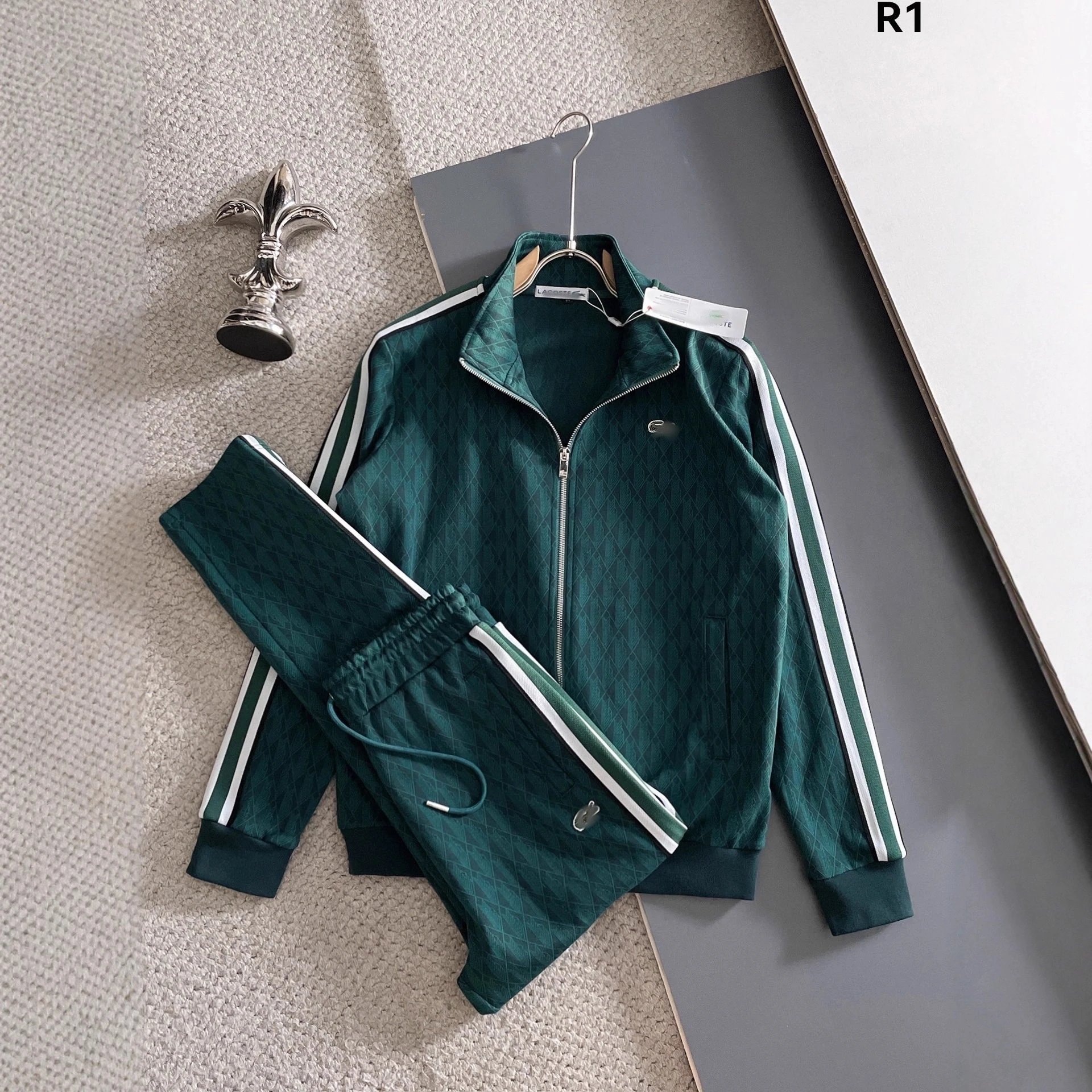 Lacoste Tracksuits Zip-Up Geometric Pattern Track Suit with Striped Sleeves — Green
