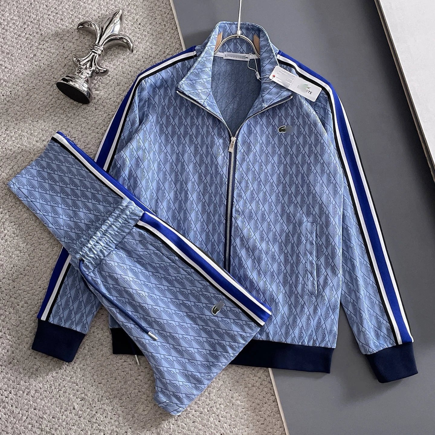 Lacoste Tracksuits Zip-Up Geometric Pattern Track Suit with Striped Sleeves — Sky blue