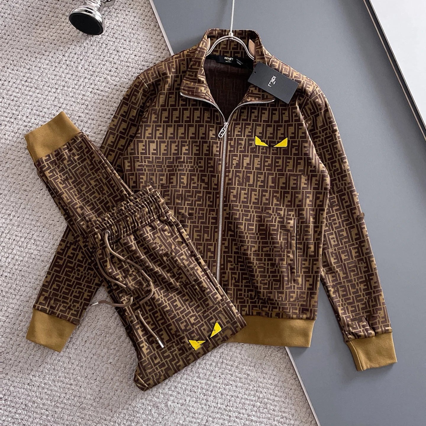 Lacoste Tracksuits Zip-Up Geometric Pattern Track Suit with Striped Sleeves — FEND 1