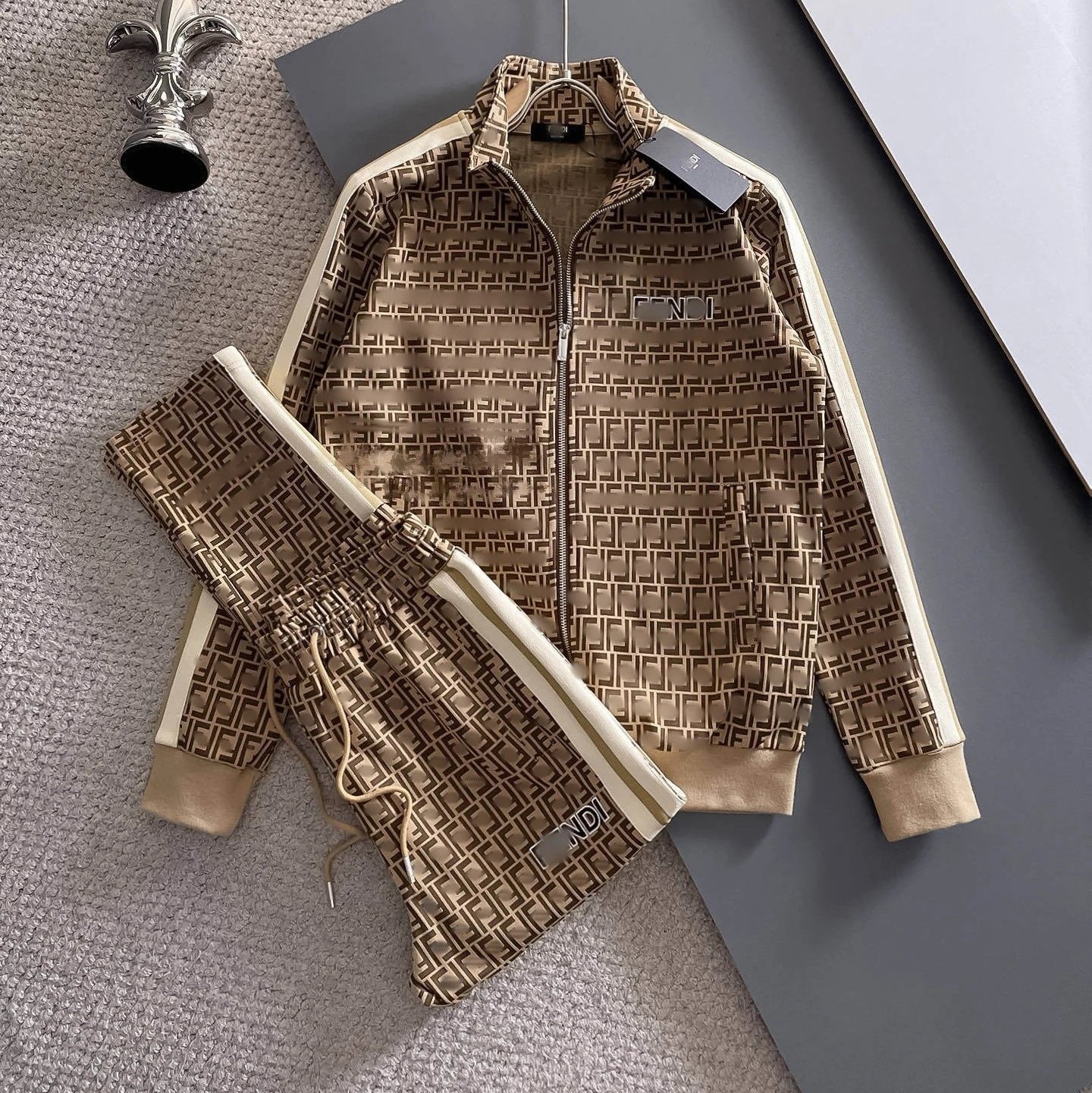 Lacoste Tracksuits Zip-Up Geometric Pattern Track Suit with Striped Sleeves — FEND 2