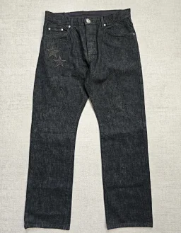 thumbnail for (Restocking) Knee-Cut Flame Black Star Jeans, 14.5oz before washing, custom woven white fungus