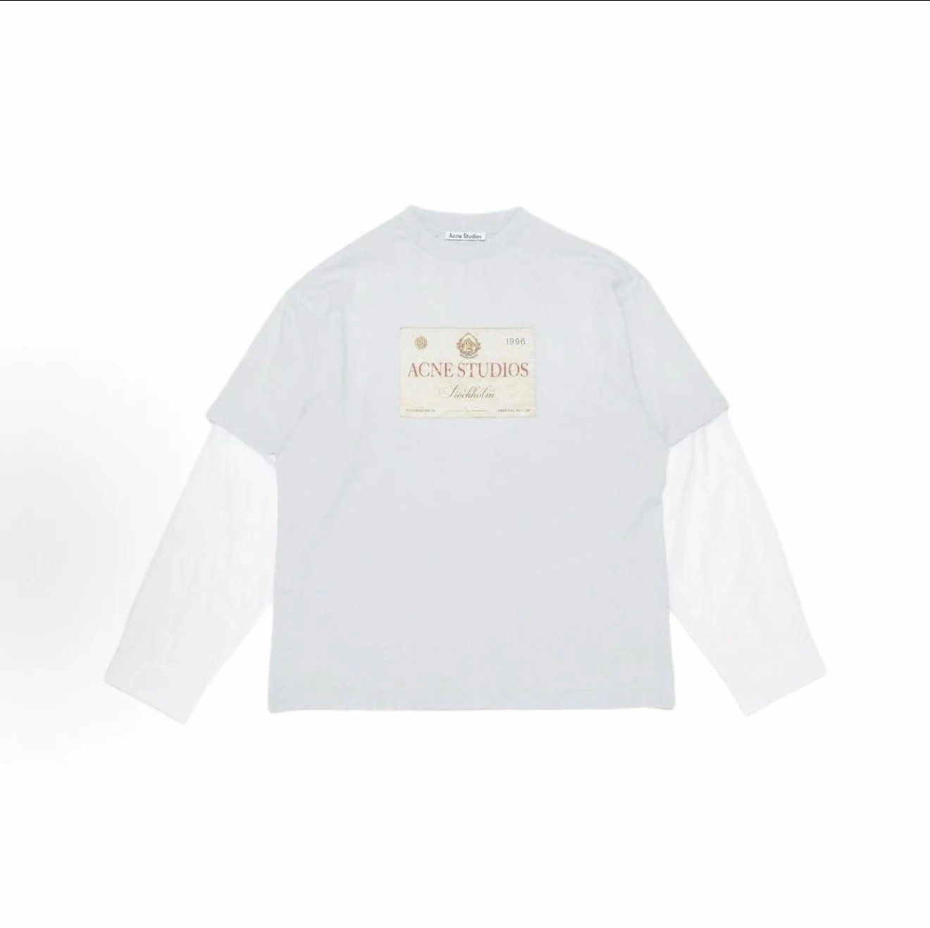 #Cross (in stock) Acne printed round neck loose fitting fake two-piece long sleeved T-shirt ice blue grainy/printed