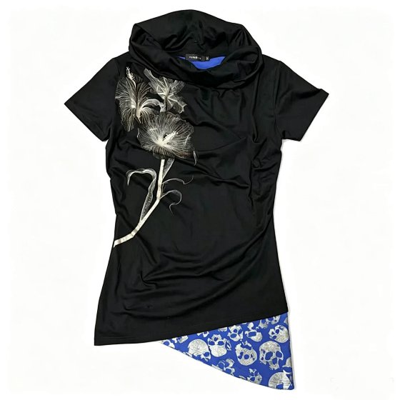 MoYu Self-Owned CIVARIZE Visionary Avant-Garde Hibiscus Skull Split Neck Short-Sleeve T-Shirt