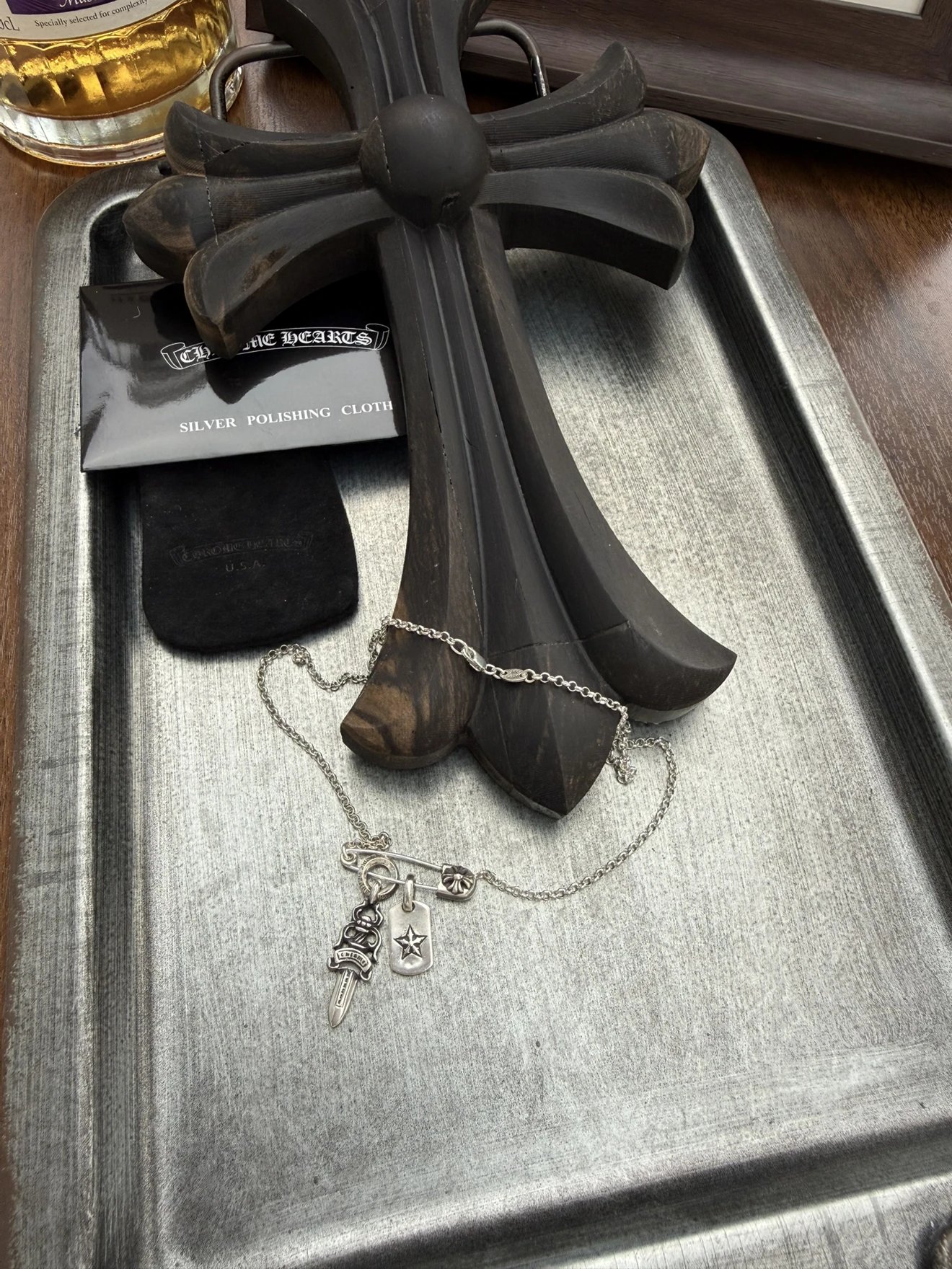 Iven Silver Jewelry Non-Chrome Hearts - Sword & Dog Tag & Safety Pin Necklace [Steel Mold Made] [In Stock Ready to Ship]