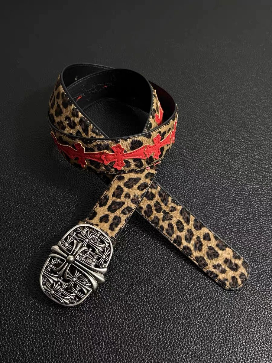 [In Stock, Ships Immediately] CH Chrome Hearts Vine Cross Red Mixed Leather Leopard Print Belt with Metal Buckle & Studded Leather Strap