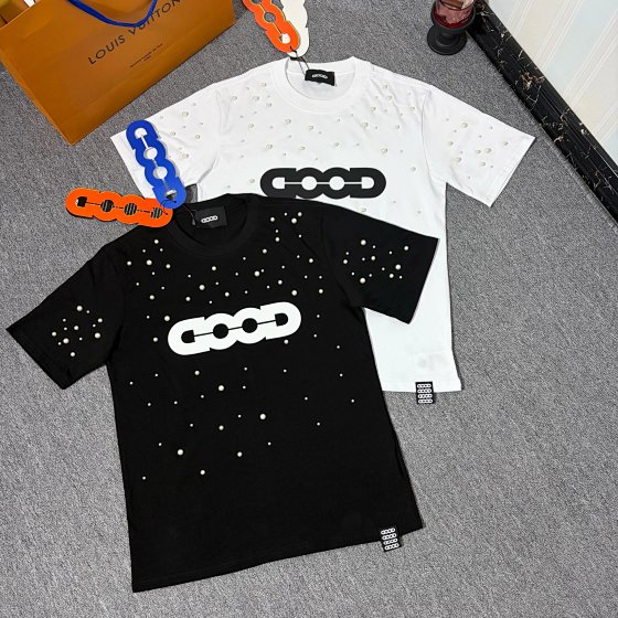 【 In Stock 】 GOOD High Version Heavy Industry Ordered Beads Starry Sky Pearl GOOD Letter Printed Pure Cotton Short Sleeve Couple Style Men and Women Same Half Sleeve with Three Labels Complete
