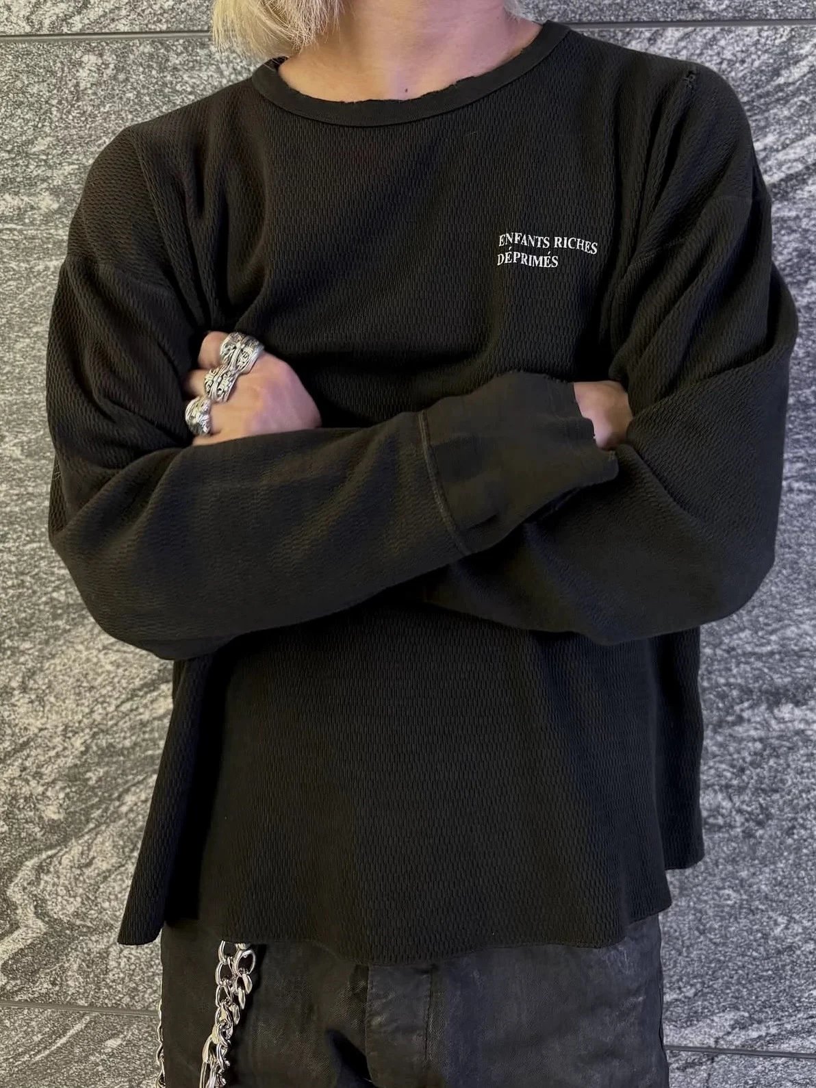 ERD 25FW Black Slogan Waffle Knit Long Sleeve