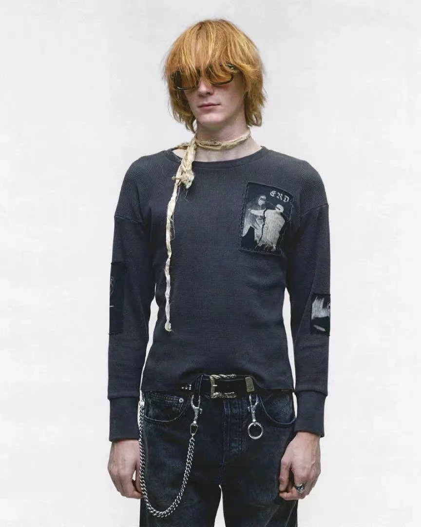 ERD 24FW fabric patch waffle grid long sleeved shirt