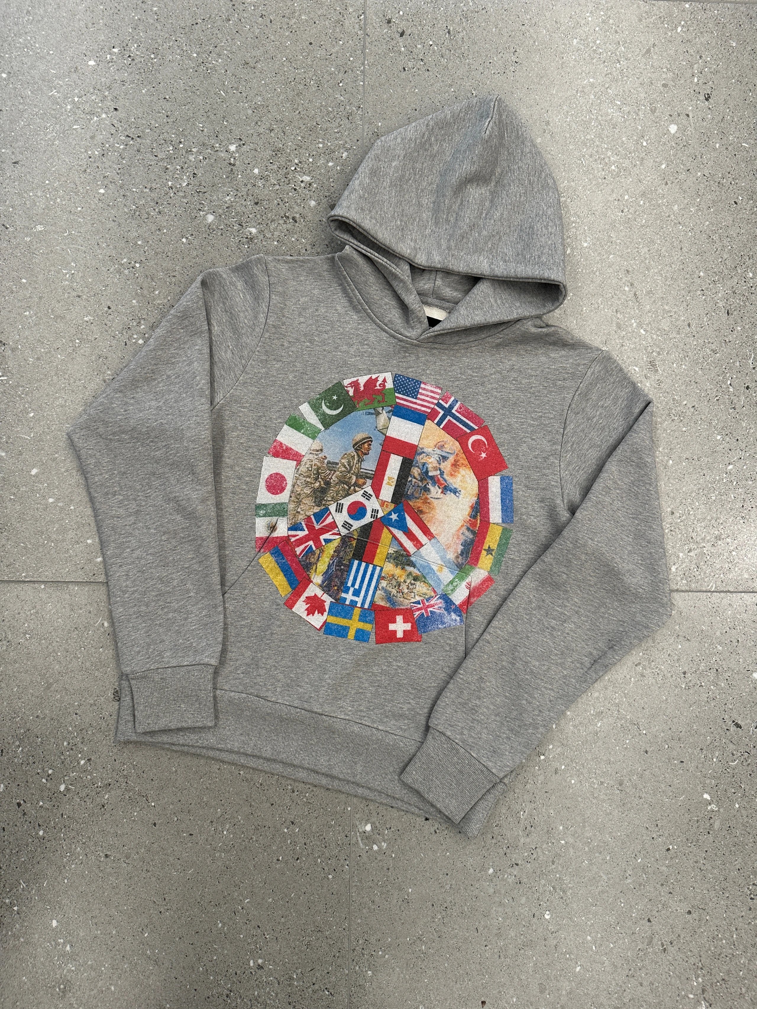 Grey Hooded Sweatshirt With International Flags Peace Sign Graphic Casual Pullover