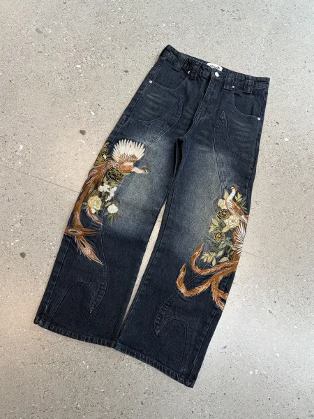 Design Embroidered Phoenix Floral Wide-Leg Jeans - 1