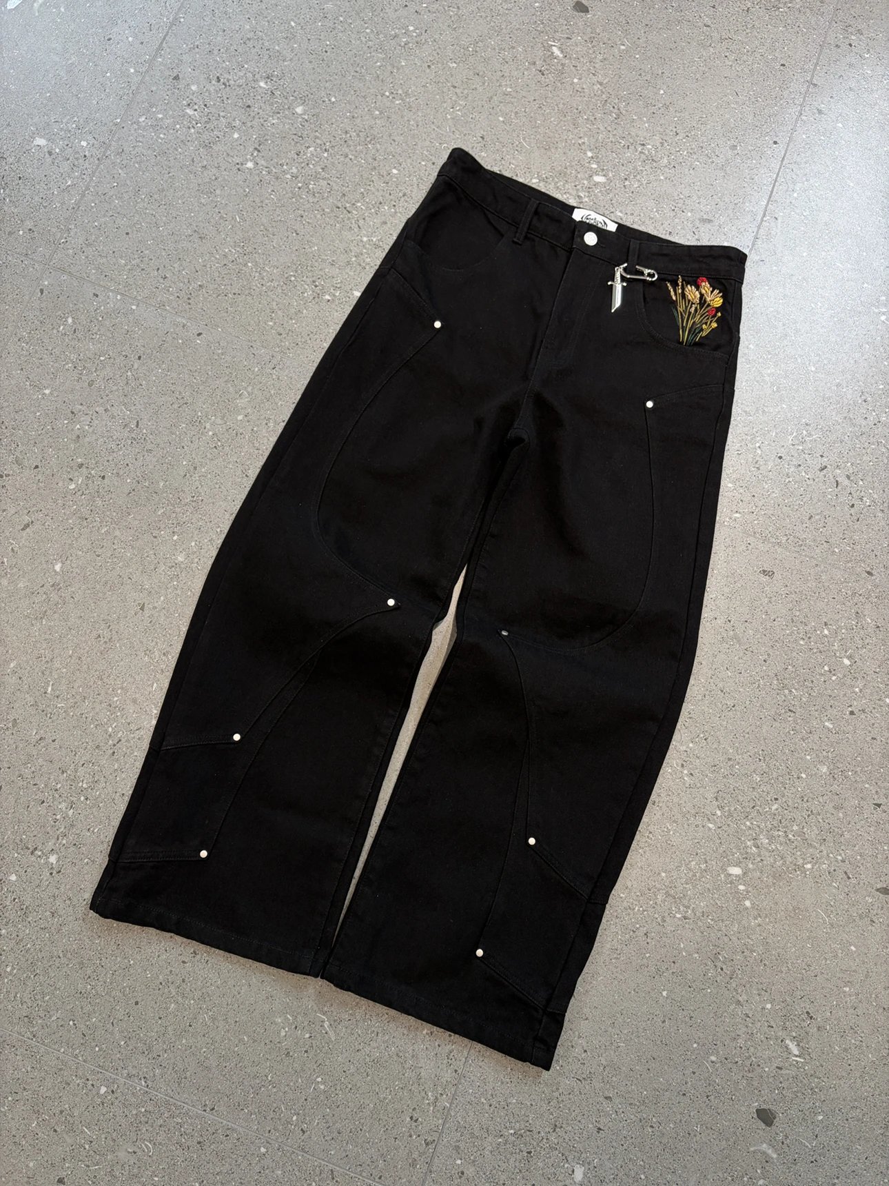 Design Utility Pants Black with Floral Embroidery and Dagger Pin