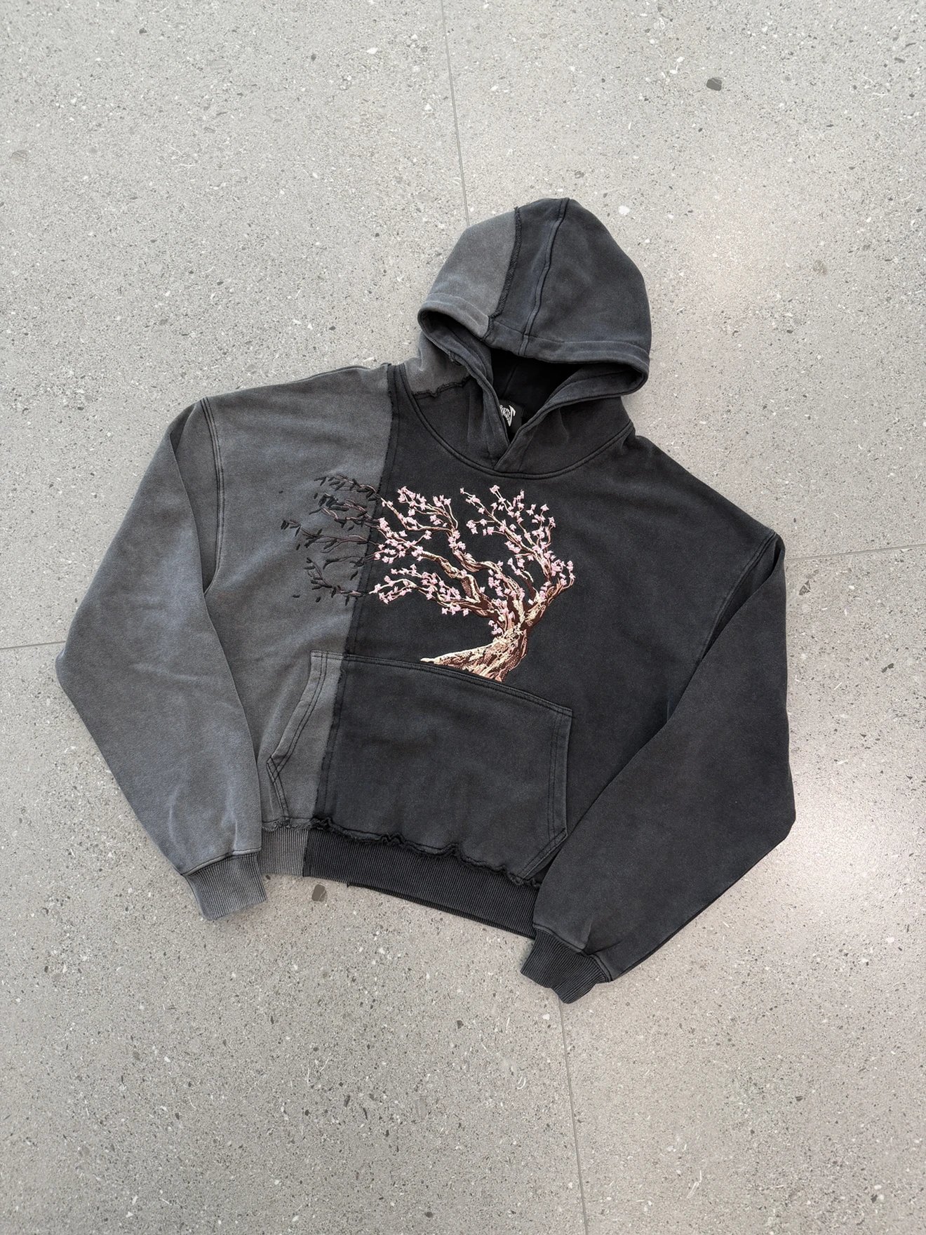 Patchwork Hoodie Black Gray Embroidered Cherry Blossom Streetwear