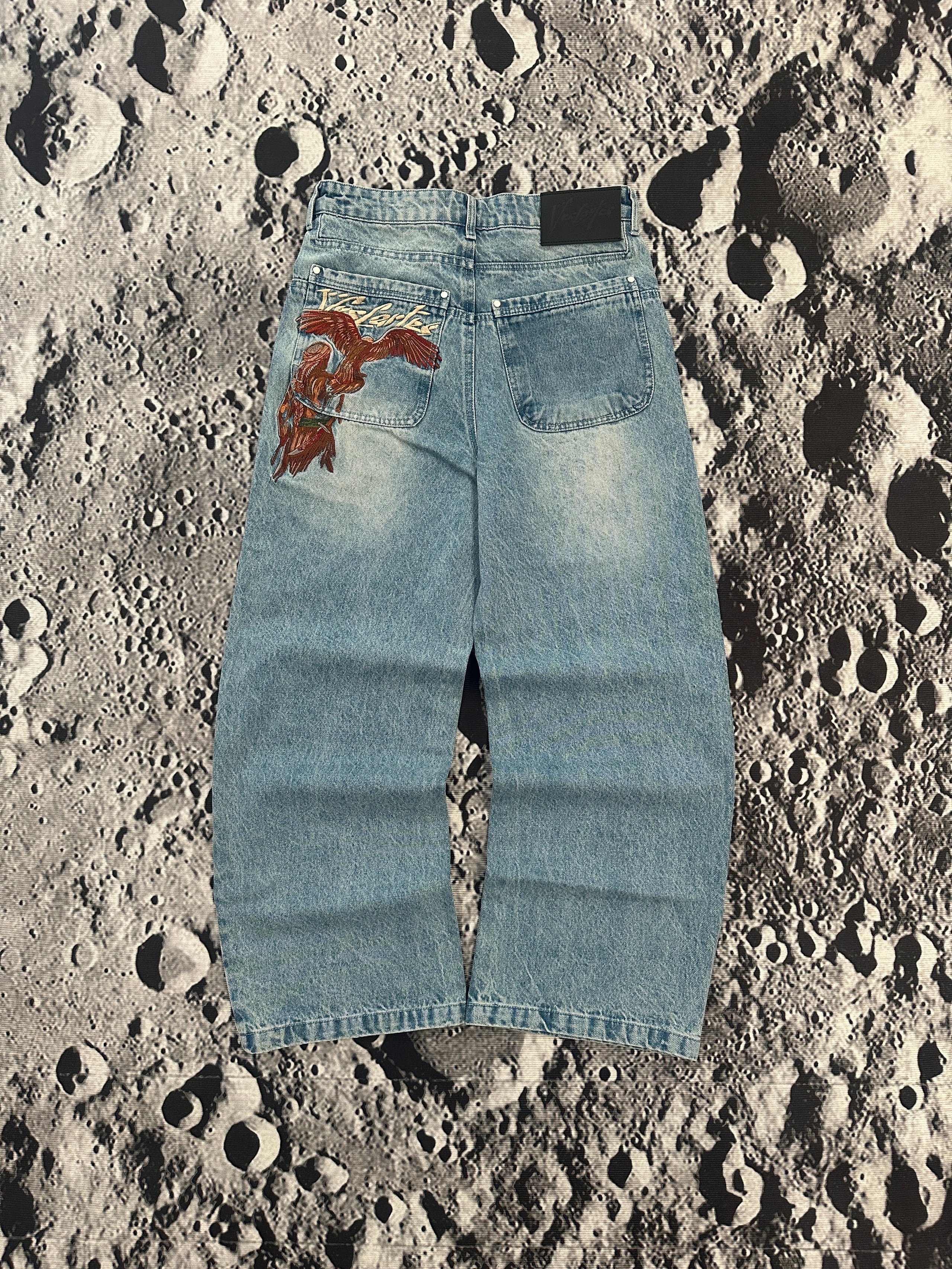 Valentino Embroidered Eagle Patch Jeans Light Wash Blue Jeans - 2