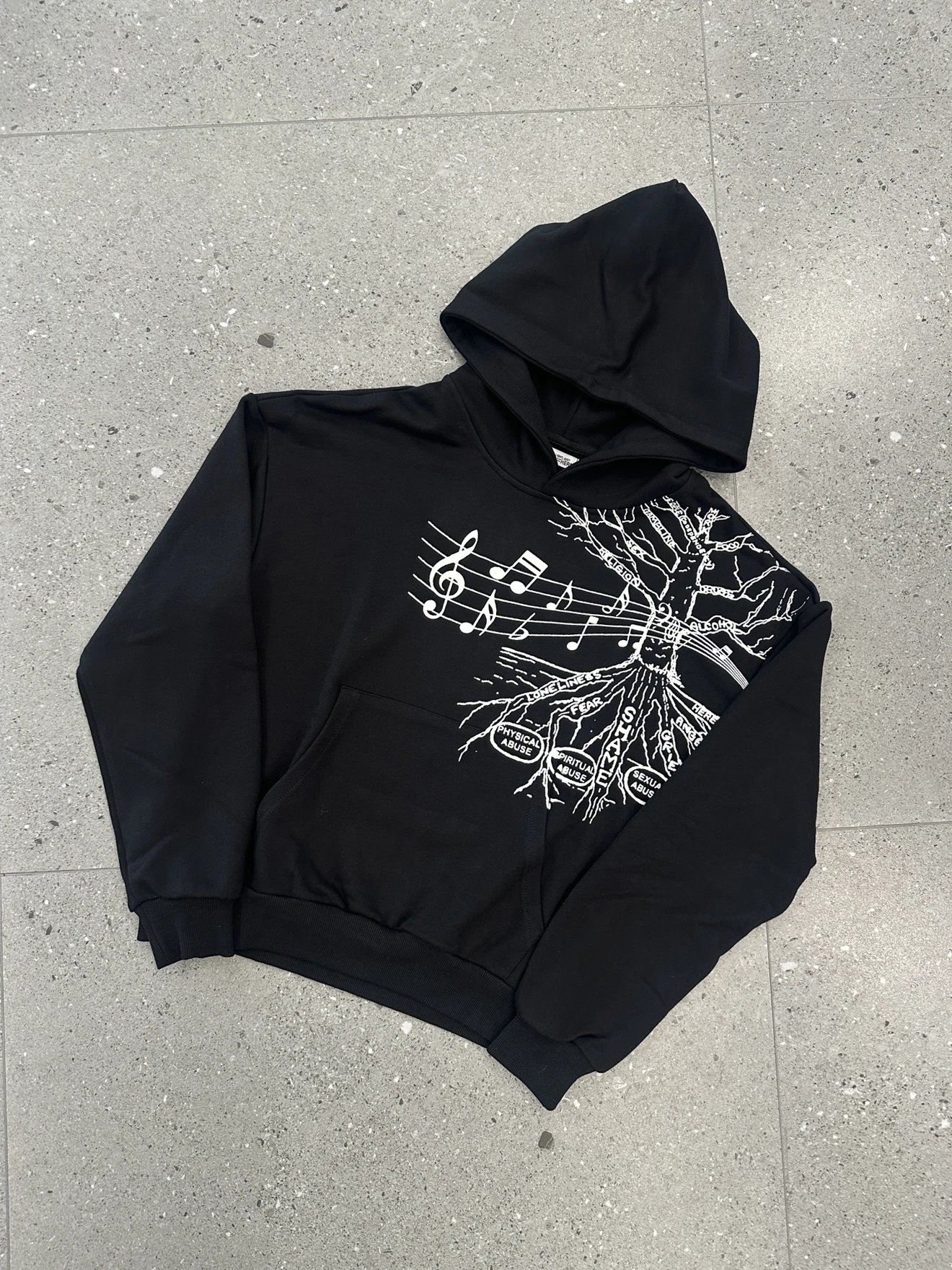 Black Graphic Hoodie With Musical Notes And Tree Design Streetwear