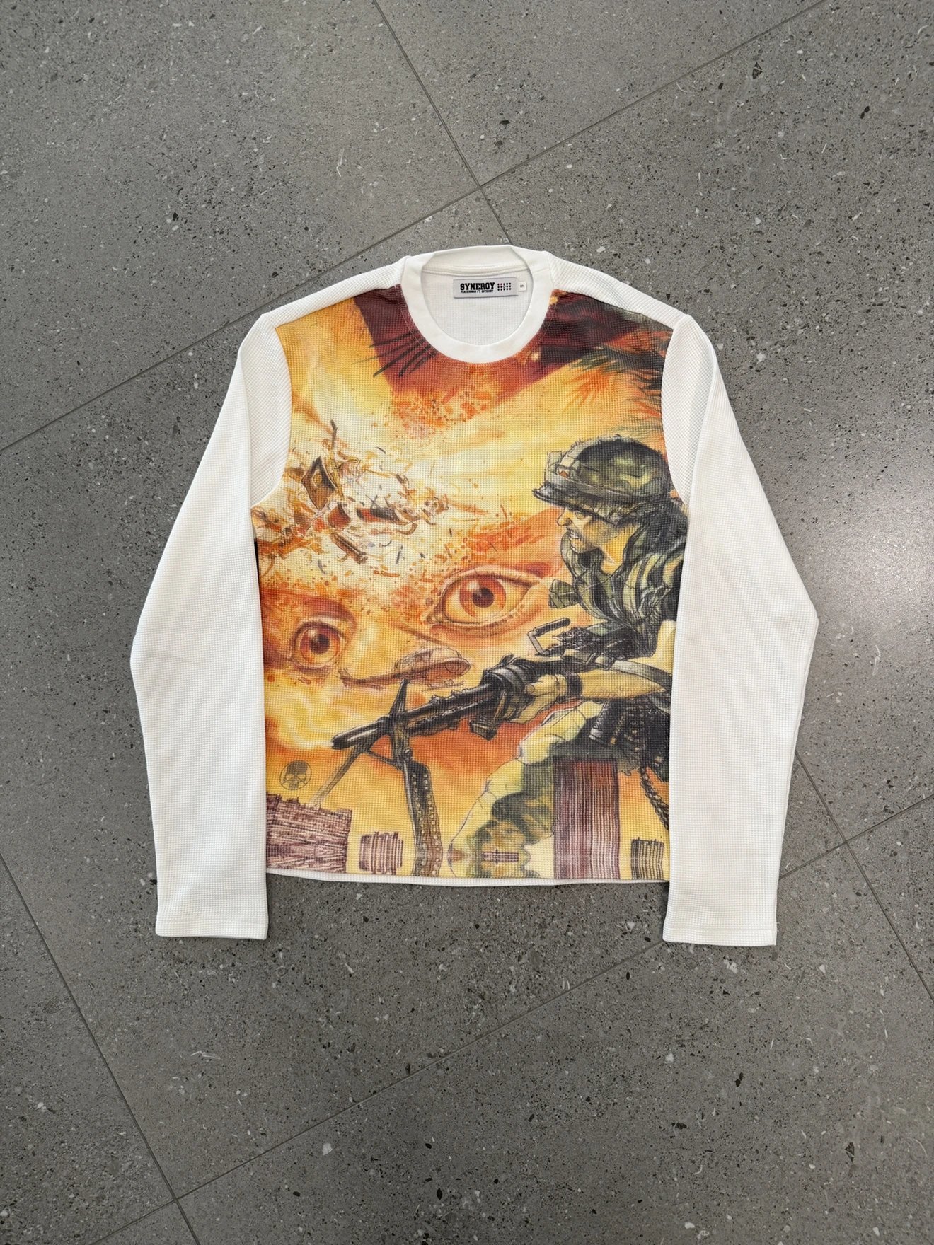 Synergy Graphic Print White Waffle Knit Long Sleeve Top