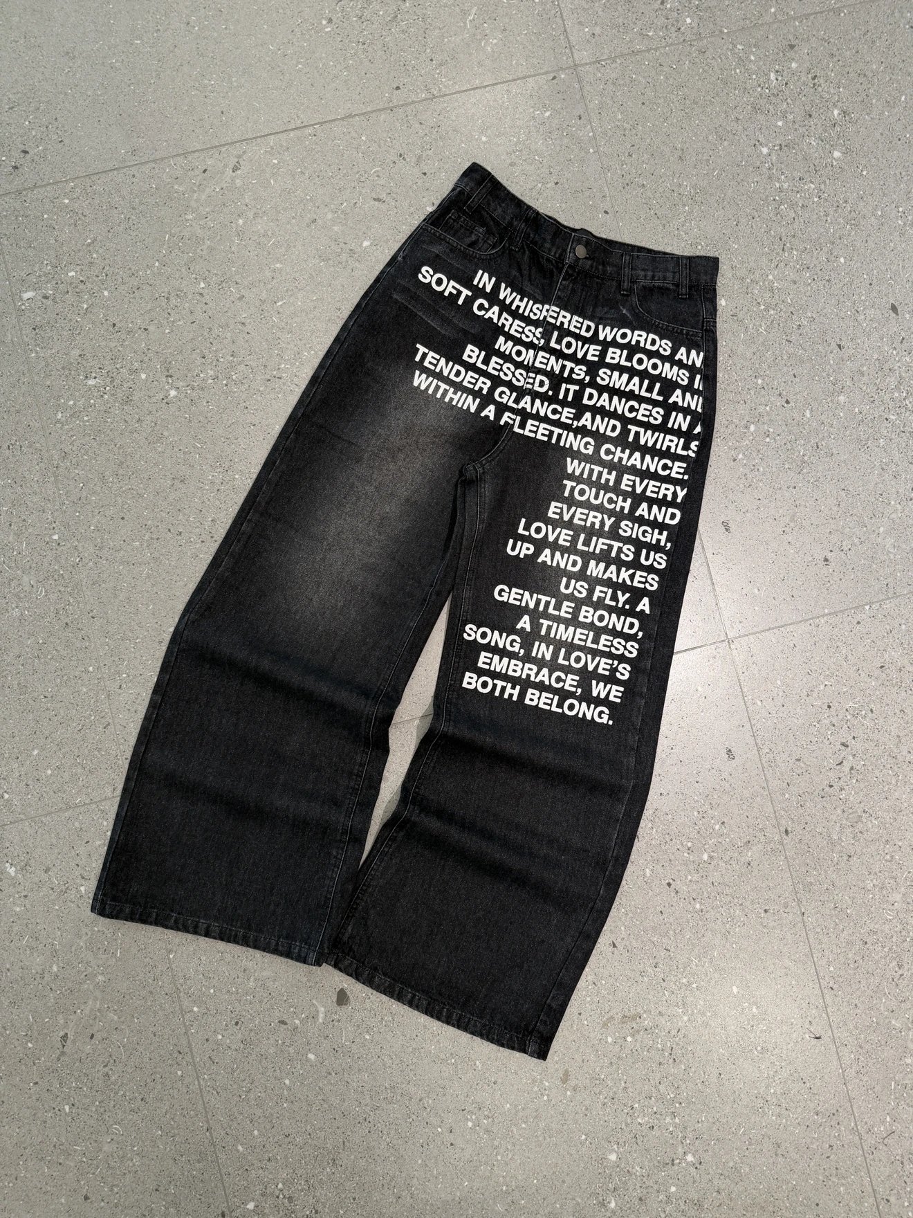 Black Denim Wide-Leg Jeans With White Poem Print Statement Style