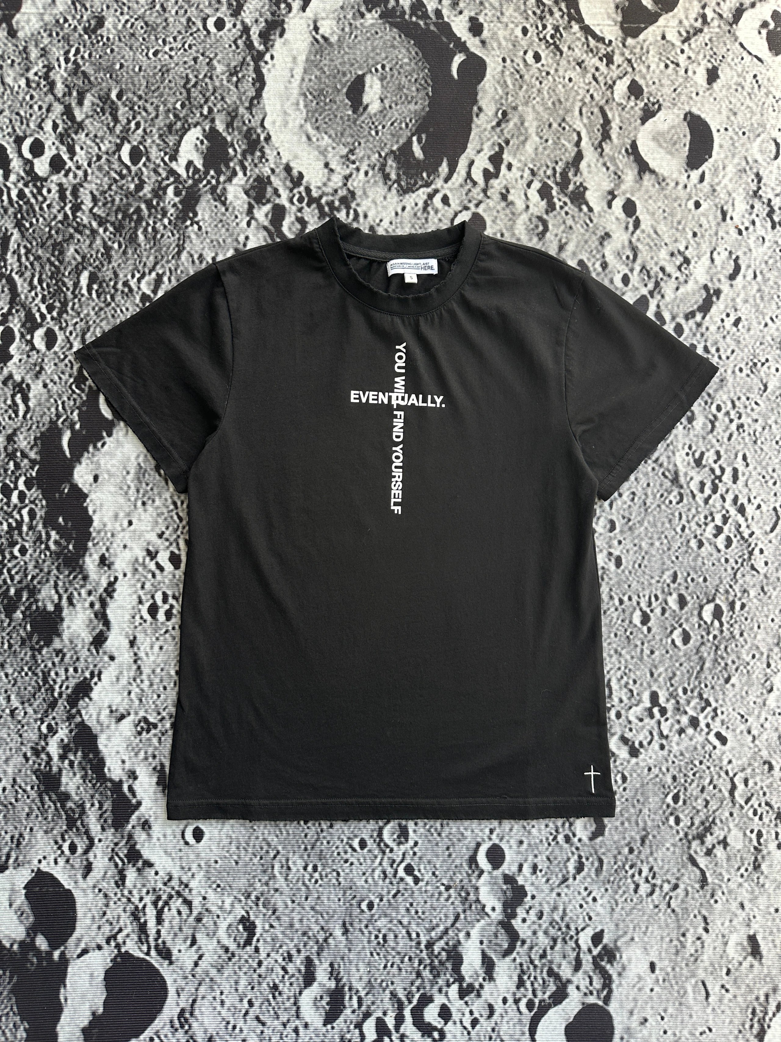 Black Graphic Tee with Vertical Text Cross Design